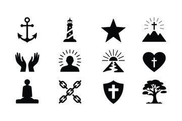 Anchor lighthouse star cross mountain praying hands shining person sunrise heart shield tree