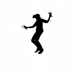 Silhouette of person dancing with VR headset and controllers on white background