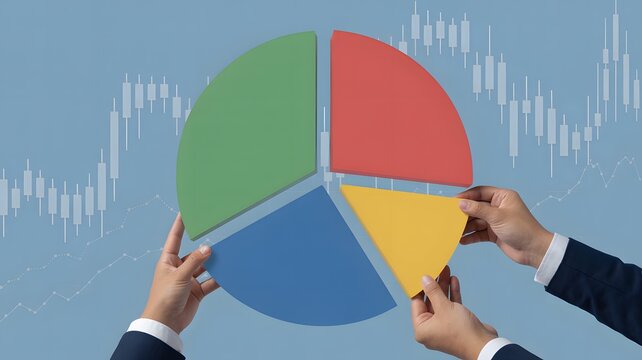 Hands assembling a colorful pie chart against a stock market graph background illustration style