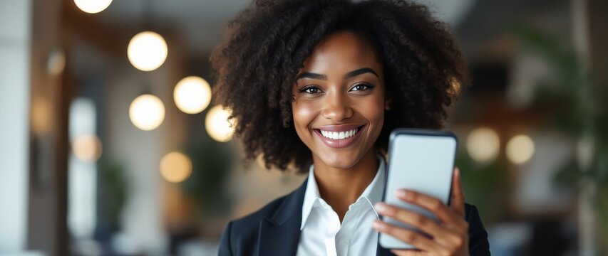 Smiling professional woman holding a smartphone in a modern office.