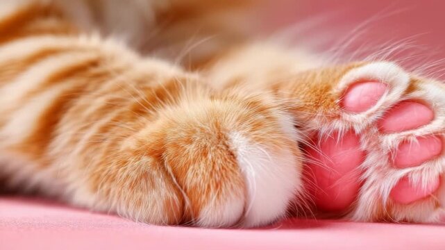 Close-up of adorable ginger cat paw on a soft pink background creating a heartwarming aesthetic