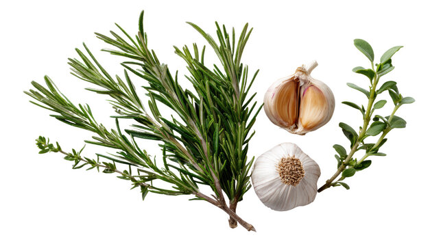 Fresh garlic and rosemary sprigs on a white isolate background.
