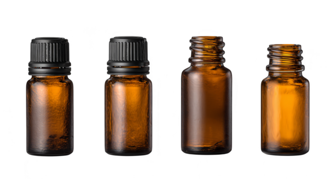Aromatic essence, four essential oil bottles for holistic wellness and relaxation.