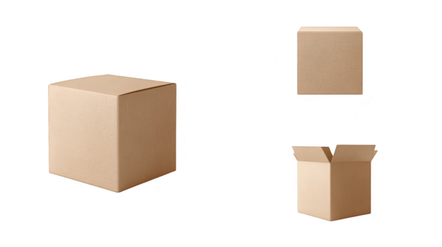 Open, closed, and partially open cardboard boxes ready for packing, unpacking, or storage.