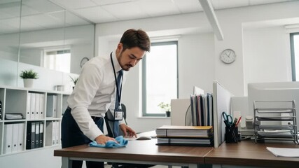 Diligent Employee Maintaining a Clean Workspace by Wiping Down His Desk Surface