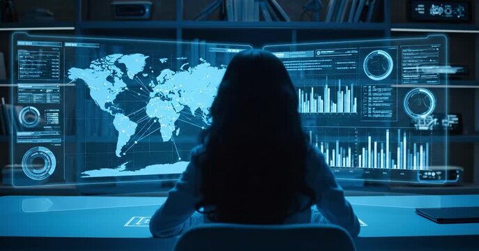 A kid girl learns online using futuristic technology. The concept of the integration of advanced digital tools in education, and learning experiences for the future generation. Generative AI.