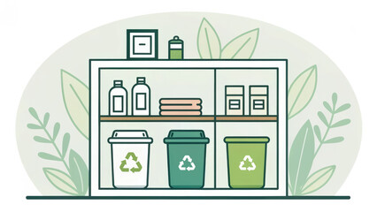 Zero waste. A modern recycling station with bins, bottles, and plants promoting sustainability and eco-friendliness.