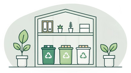Zero waste. Illustration of a recycling station with plants, emphasizing sustainability and eco-friendliness.