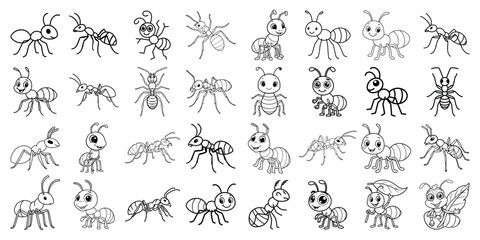 Obraz premium Ant outline & line art style collection of cartoon & realistic Illustrations in Black and White