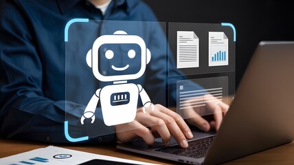 Man typing on a laptop with a robot graphic overlay and document icons visible on the screen area