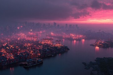 Aerial view of a futuristic port city at twilight, bathed in pink hues