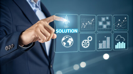 Man in suit touching solution button with data graphs and world globe on digital interface screen