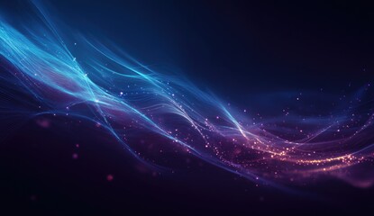 Abstract digital waves of glowing particles in blue and purple