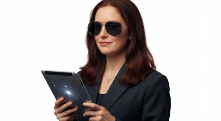 Confident woman in sunglasses examines a digital tablet displaying a .