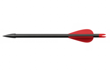 Carbon fiber arrow featuring vibrant red fletching, precision-engineered for archery, rendered against transparent backdrop
