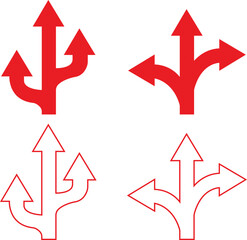 Road Traffic Direction arrow icon set.Direction arrows on the highway.Road navigation arrows. Path direction arrows.You-turn, left, right, two way, three way transportation direction arrow symbol.