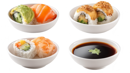 Assorted Sushi and Soy Sauce in White Bowls.