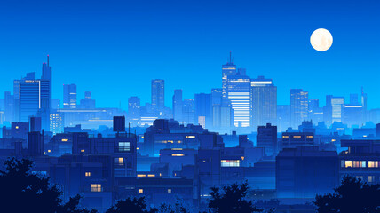 深夜の都会を照らすビルの灯りが美しいアニメ風風景イラスト｜ネオンが瞬く都市の静けさ｜80年代昭和レトロ｜高層ビル街の夜｜背景素材｜シティポップ感漂うノスタルジックな風景アート
