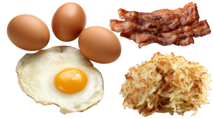 Savory morning delight, crispy bacon, fluffy eggs, and golden hash browns for a hearty breakfast.