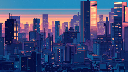 真夜中の都市高層ビル街が放つ静かな輝きをアニメ調で表現した幻想的な風景イラスト｜深夜｜都会｜ネオン｜ノスタルジー｜昭和｜シティポップ風｜背景素材に最適なレトロタッチの夜景アート