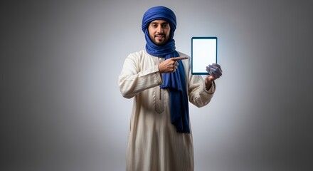 Arab Man Showing Blank Tablet Screen