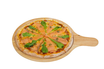Delectable Salmon Pizza: A mouthwatering pizza featuring a thin, crispy crust, is lavishly topped with slices of succulent salmon and fresh green arugula. The pizza rests on a wooden serving board.