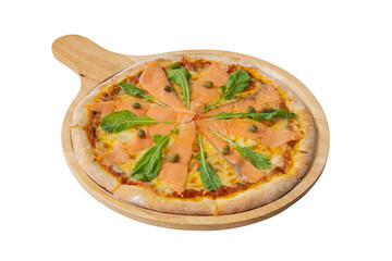 Pizza's Gourmet Delight: A delicious pizza, carefully arranged with smoked salmon and fresh green arugula on a wooden serving plate. A culinary masterpiece