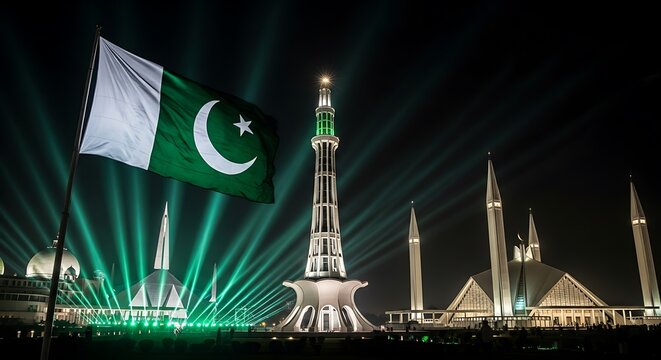  the national flag of pakistan proudly displayed at night with illuminated landmarks and a vibrant green and white color scheme symbolizing national pride and unity - Powered by Adobe