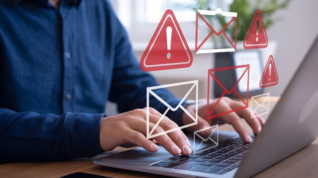 Person typing on laptop with email icons and warning signs overlaid indicating potential phishing threat