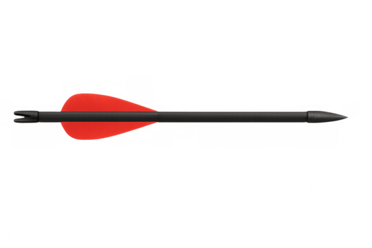 Modern carbon fiber arrow with red fletching isolated on transparent background, ready for archery practice or competition