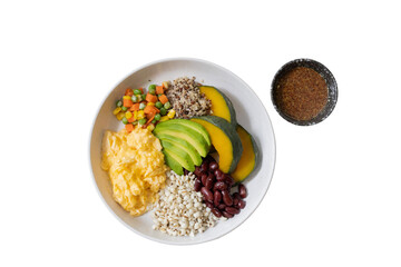 Nutritious Bowl: A vibrant and colorful ensemble of fresh ingredients, meticulously arranged in a visually appealing composition, promoting healthy eating and wholesome goodness.