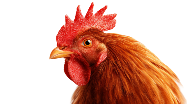 Close up brown rooster displays red comb and wattle isolated against transparent background
