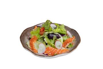 Salmon Salad: An appetizing close-up of a vibrant salad featuring fresh, raw salmon slices and crisp greens, elegantly presented on a rustic, textured ceramic plate.