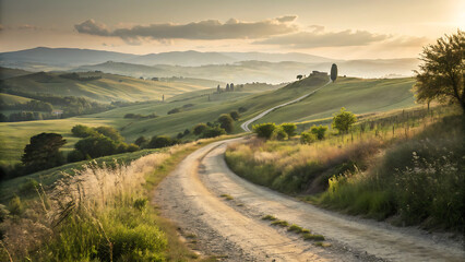 Winding Road through Scenic Tuscany: A sun-kissed gravel road meanders through the rolling hills of Tuscany, bathed in the warm light of sunrise, inviting travelers to explore the idyllic countryside.