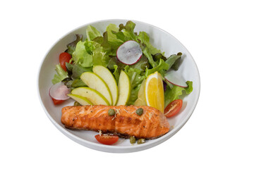 Salmon Salad: A delicious close-up shot of a beautifully arranged salmon salad, featuring a perfectly cooked salmon fillet alongside fresh greens, and vibrant slices.