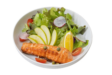 Delightful Salmon Salad: A visually appealing salmon salad presented in a bowl. Fresh salmon fillets, apple slices, capers, and tomato are artfully arranged and ready to be enjoyed.
