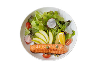 Fresh Salmon Salad: A vibrant and appetizing dish featuring a perfectly grilled salmon fillet, surrounded by a colorful array of fresh vegetables and fruits.