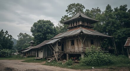 Fototapeta premium Ancient Wooden Structures in Lush Greenery