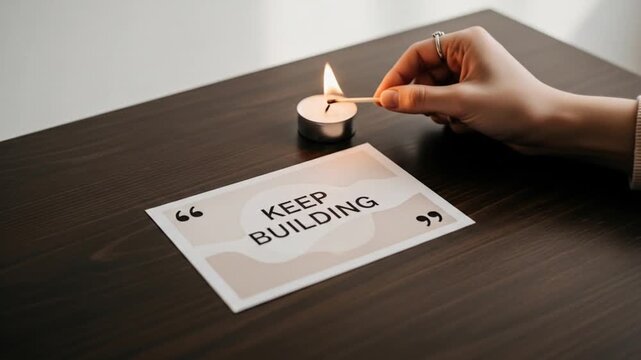 A hand holding a match lighting a candle next to a card that says keep building on a table