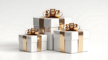 Three metallic gift boxes with ribbons lined up on a gray background.