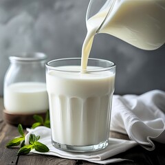 a transparent glass being filled with fresh milk from a white kettle or pitcher. The milk is gently poured, creating a smooth stream into the glass