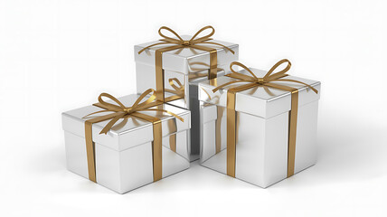 Fototapeta premium Three metallic gift boxes with silver ribbons on a white background.
