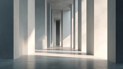 Obraz premium Photorealistic modern interior featuring tall concrete columns in minimalist architectural style, soft directional light with gentle shadows, clean spacious hall in white and grey tones, ideal for des