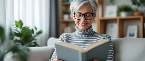 Smiling senior woman reading a book on a comfortable sofa.