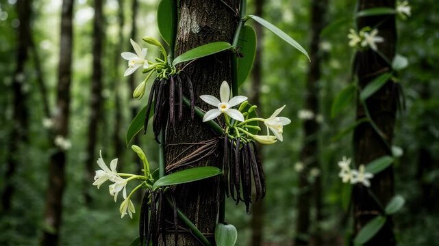 Vanilla plants raw beans and starshaped white flowers growing in wild jungle on living tree support.