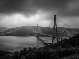 Obraz premium Grey cable-stayed bridge spans a misty waterway, mountains backdrop