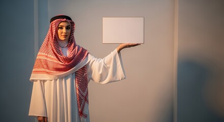 Elegant Muslim Woman in Traditional Attire Presenting a Blank Sign