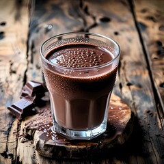 a glass filled with a thick, delicious hot chocolate drink. The surface of the chocolate appears to be foaming and sparkling, conveying its warmth and richness