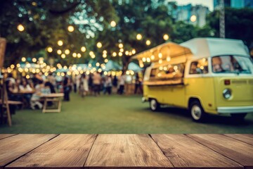 Rustic wooden table at an outdoor festival. Blurry background of people, food trucks, and lights