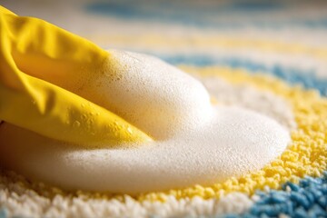 Yellow cleaning glove applies suds to colorful rug